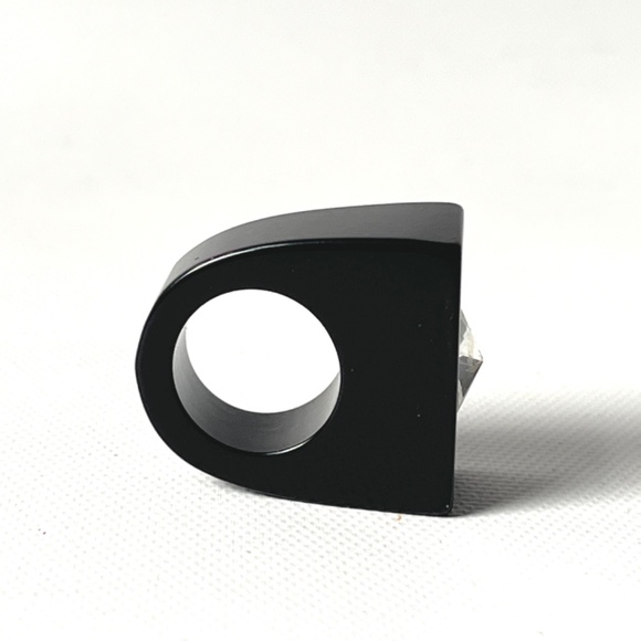 Vintage Size 4.25 Lucite Black Ring Rectangular Flat Top Rhinestone Geometric - Picture 9 of 14